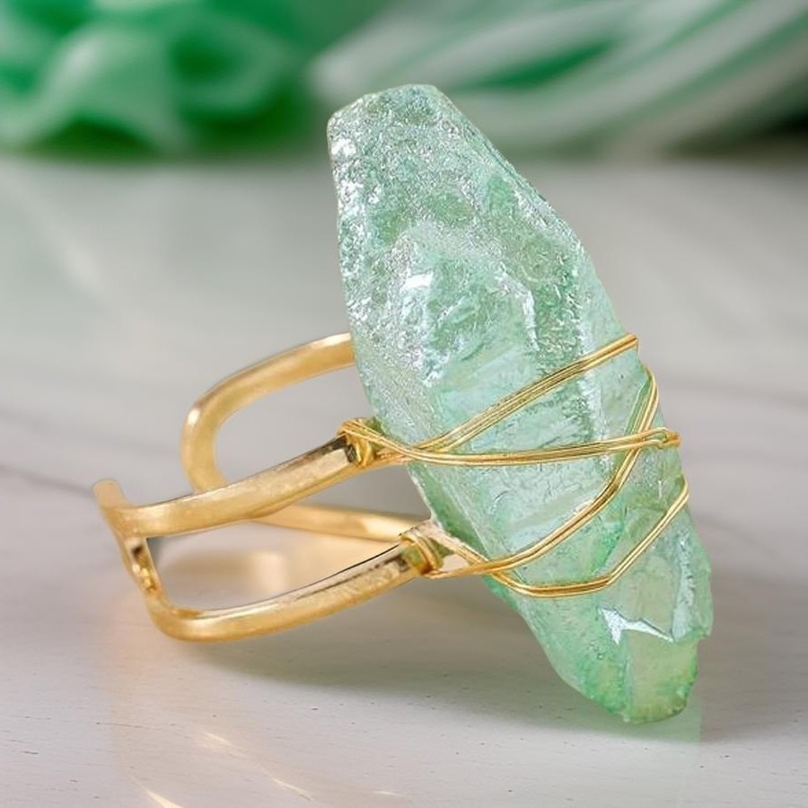 New Green Quartz Crystal Stone Wire Wrap Gold Adjustable Ring Natural Gemstone